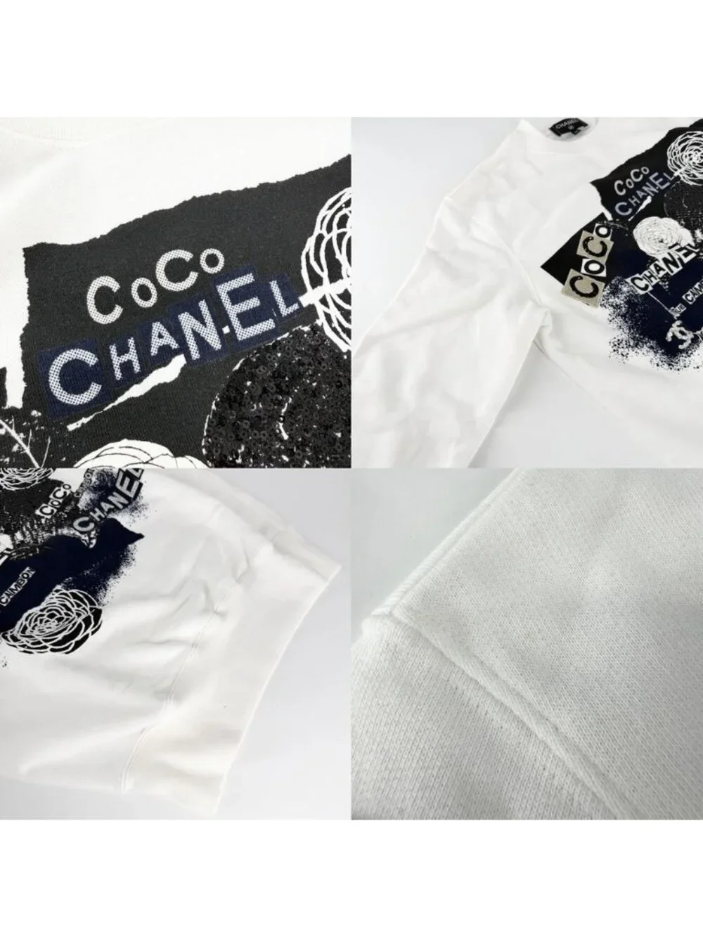 Chanel Top CC Logo Camellia Sweatshirt XS White Black Cotton Spring Autumn